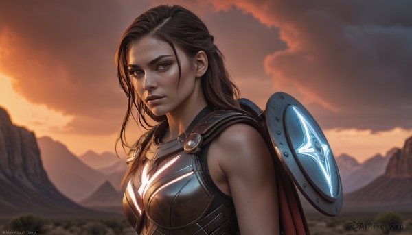 1girl,solo,long hair,breasts,looking at viewer,brown hair,black hair,bare shoulders,brown eyes,upper body,braid,outdoors,sky,sleeveless,artist name,cloud,signature,cape,armor,blurry,lips,blurry background,cloudy sky,sunset,shield,breastplate,mountain,realistic,nose,superhero,watermark