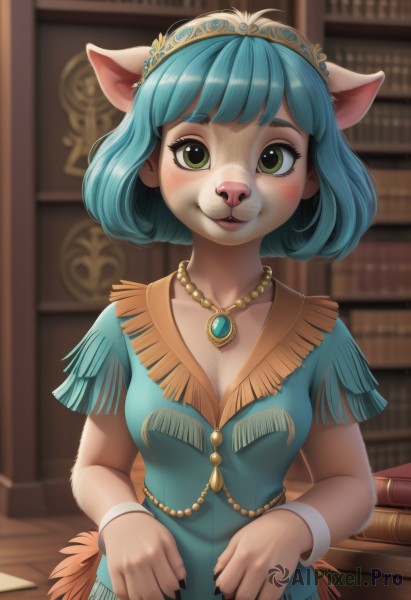 1girl,solo,breasts,looking at viewer,blush,smile,short hair,open mouth,bangs,shirt,dress,animal ears,cleavage,jewelry,medium breasts,green eyes,blue hair,standing,collarbone,upper body,short sleeves,cowboy shot,hairband,parted lips,tongue,shiny,artist name,indoors,signature,necklace,blurry,shiny hair,lips,wrist cuffs,book,aqua hair,:3,depth of field,blurry background,table,happy,tiara,feathers,blue shirt,gem,furry,freckles,furry female,bookshelf,body fur,fringe trim,animal nose,library,snout,two-tone fur,blue gemstone,green gemstone,nail polish,bracelet,fingernails