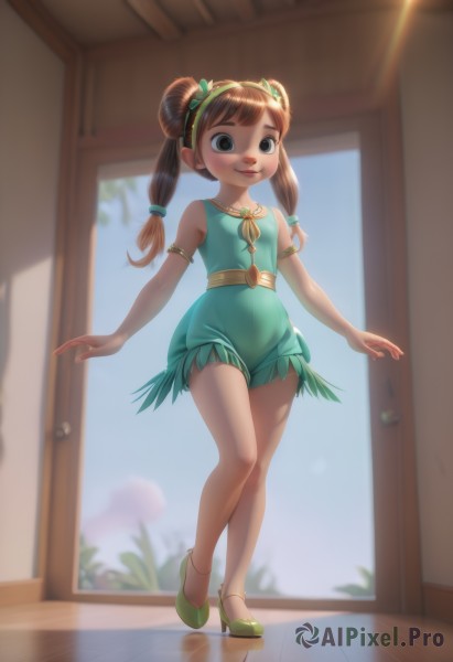 1girl,solo,long hair,breasts,looking at viewer,blush,smile,bangs,brown hair,hair ornament,dress,bare shoulders,twintails,brown eyes,closed mouth,standing,full body,hairband,small breasts,shoes,sleeveless,indoors,hair bun,blurry,black eyes,flat chest,lips,bare legs,double bun,sleeveless dress,blurry background,short dress,standing on one leg,armlet,reflection,walking,green dress,wooden floor,door,female child,sliding doors,green shorts,green footwear,open door,doorway,jewelry,necklace,child