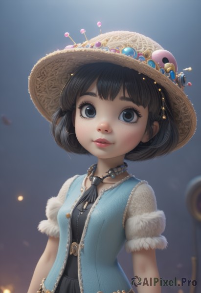 1girl,solo,breasts,looking at viewer,smile,short hair,bangs,blue eyes,shirt,black hair,hat,dress,ribbon,jewelry,closed mouth,upper body,short sleeves,small breasts,parted lips,puffy sleeves,artist name,necklace,blurry,black eyes,vest,puffy short sleeves,lips,fur trim,eyelashes,black ribbon,makeup,depth of field,blurry background,watermark,bob cut,looking up,child,lace trim,lace,web address,freckles,nose,arms at sides,straw hat,red lips,hair ornament,belt,lipstick,gem