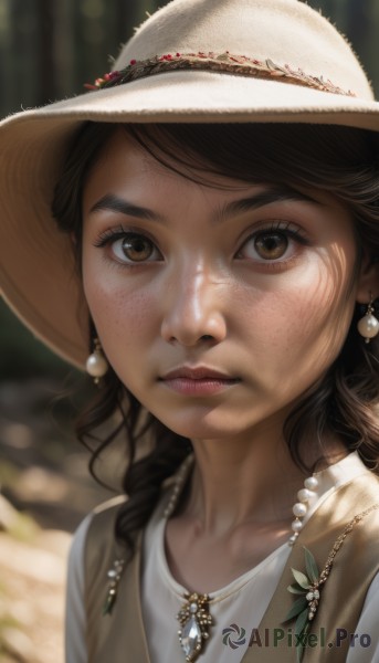 1girl,solo,long hair,looking at viewer,brown hair,shirt,hat,brown eyes,jewelry,closed mouth,white shirt,upper body,earrings,outdoors,artist name,necklace,blurry,lips,eyelashes,depth of field,blurry background,portrait,freckles,sun hat,realistic,nose,bangs,collarbone,pearl necklace