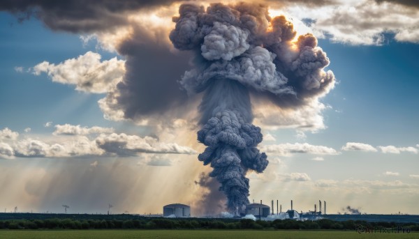 outdoors,sky,day,cloud,blue sky,no humans,sunlight,cloudy sky,grass,building,scenery,smoke,light rays,ruins,tree