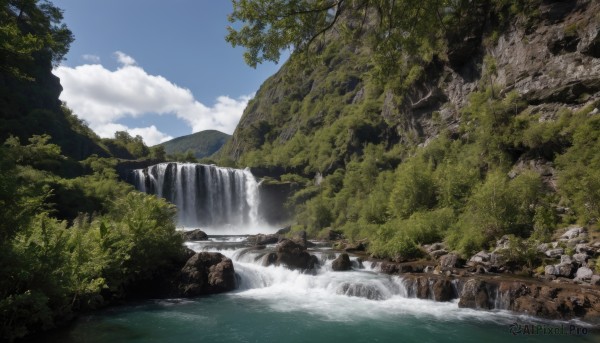 outdoors,sky,day,cloud,water,tree,blue sky,no humans,nature,scenery,forest,rock,mountain,river,waterfall,landscape,cliff