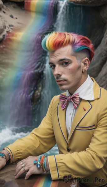 solo,looking at viewer,short hair,blonde hair,shirt,long sleeves,1boy,bow,jewelry,blue hair,jacket,white shirt,upper body,pink hair,male focus,red hair,multicolored hair,earrings,parted lips,striped,collared shirt,bowtie,water,orange hair,black eyes,bracelet,two-tone hair,lips,streaked hair,buttons,facial hair,piercing,formal,ring,blazer,personification,freckles,striped bow,realistic,nose,rainbow,striped bowtie,waterfall,1girl,blue eyes,school uniform,artist name,mole,mole under eye,watermark,ear piercing,thumb ring,rainbow hair