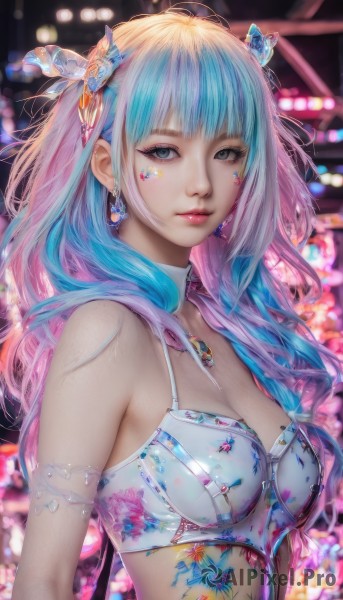 1girl,solo,long hair,breasts,looking at viewer,bangs,hair ornament,cleavage,bare shoulders,jewelry,medium breasts,closed mouth,underwear,blue hair,upper body,pink hair,multicolored hair,earrings,parted lips,choker,blunt bangs,necklace,bra,mole,blurry,black eyes,two-tone hair,lips,streaked hair,grey eyes,eyelashes,tattoo,gradient hair,makeup,blurry background,facial mark,bug,gem,butterfly,armlet,eyeshadow,white bra,realistic,nose,butterfly hair ornament,red lips,bustier,blue eyes,small breasts,artist name,watermark,feathers