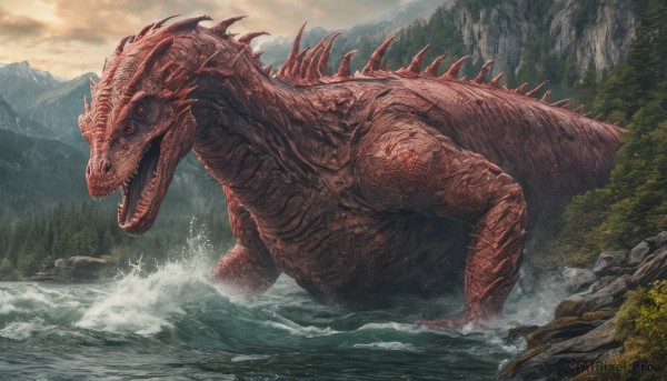 open mouth,red eyes,tail,outdoors,sky,teeth,cloud,water,tree,no humans,ocean,fangs,cloudy sky,sharp teeth,nature,forest,monster,mountain,scales,giant,splashing,river,waves,kaijuu,day,scenery,spikes,rock