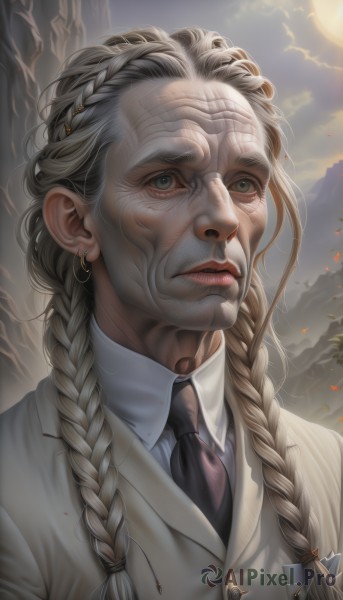 1girl,solo,long hair,looking at viewer,shirt,1boy,jewelry,closed mouth,green eyes,jacket,white shirt,upper body,braid,grey hair,male focus,earrings,outdoors,necktie,sky,collared shirt,cloud,twin braids,lips,grey eyes,formal,moon,suit,portrait,hair over shoulder,black necktie,mountain,realistic,nose,old,white hair,parted lips,facial hair,scar,facial mark,white jacket,cloudy sky,scar on face,old man,old woman,wrinkled skin