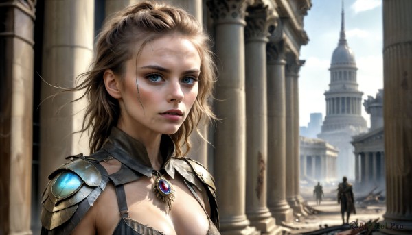 HQ,1girl,long hair,breasts,looking at viewer,short hair,blue eyes,blonde hair,large breasts,cleavage,jewelry,medium breasts,upper body,weapon,outdoors,parted lips,multiple boys,sky,solo focus,day,cloud,necklace,armor,blue sky,lips,scar,cloudy sky,shoulder armor,building,gem,pauldrons,realistic,nose,fantasy,pillar,castle,statue,arch,column,sword,architecture