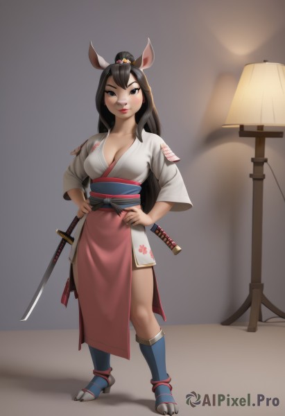 1girl,solo,long hair,breasts,looking at viewer,smile,large breasts,brown hair,black hair,hair ornament,holding,animal ears,cleavage,medium breasts,closed mouth,standing,full body,ponytail,weapon,japanese clothes,sword,wide sleeves,kimono,holding weapon,rabbit ears,black eyes,lips,sash,makeup,holding sword,obi,katana,lipstick,sheath,pelvic curtain,hands on hips,sheathed,red lips,toeless legwear,short kimono,bangs,indoors,nail polish,armor,fingernails,hand on hip,lamp,japanese armor,hooves