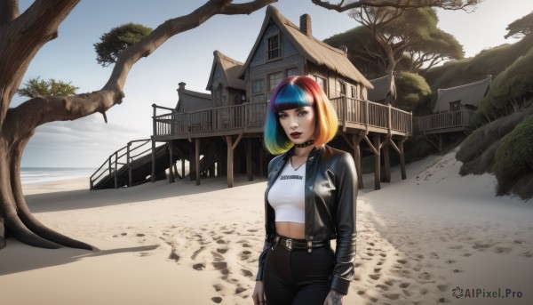 1girl,solo,breasts,looking at viewer,smile,short hair,bangs,blonde hair,shirt,gloves,long sleeves,navel,brown eyes,jewelry,medium breasts,closed mouth,blue hair,standing,jacket,white shirt,red hair,multicolored hair,cowboy shot,outdoors,green hair,open clothes,sky,choker,day,black gloves,midriff,pants,cloud,blunt bangs,fingerless gloves,water,two-tone hair,open jacket,tree,blue sky,lips,streaked hair,black jacket,crop top,gradient hair,makeup,black choker,black pants,bob cut,suspenders,lipstick,building,black nails,scenery,zipper,cropped jacket,arms at sides,railing,red lips,leather,house,bridge,leather jacket,leather pants,blue eyes,belt,rainbow hair