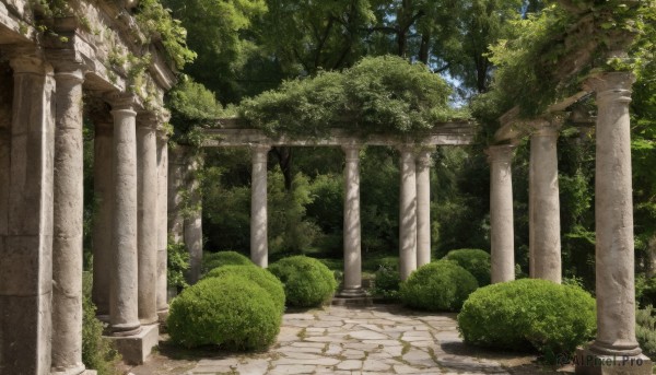 outdoors,sky,day,tree,no humans,sunlight,grass,plant,nature,scenery,forest,bush,torii,ruins,pillar,path,arch,moss,column,blue sky,traditional media,rock,architecture,foliage