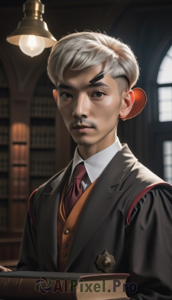 solo,looking at viewer,short hair,shirt,1boy,closed mouth,jacket,white shirt,upper body,white hair,grey hair,male focus,necktie,collared shirt,indoors,blurry,black eyes,vest,lips,black jacket,book,window,blurry background,facial hair,formal,suit,red necktie,holding book,realistic,nose,mustache,bookshelf,lamp,brown vest,library,long sleeves,holding,brown eyes,artist name,grey eyes,buttons,wing collar,black vest