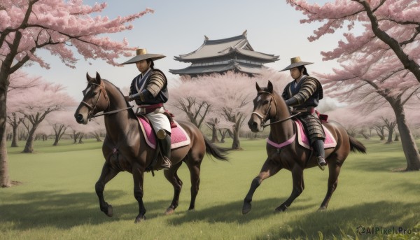 hat,male focus,outdoors,multiple boys,sky,day,sword,2boys,armor,tree,animal,helmet,grass,cherry blossoms,scenery,riding,japanese armor,architecture,east asian architecture,horse,kote,horseback riding,reins,saddle,pagoda,1boy,holding,weapon,japanese clothes,pants,holding weapon,blue sky,sash,katana,shoulder armor,building,sheath,sheathed,bow (weapon),scabbard,field,sode,samurai,kabuto (helmet)