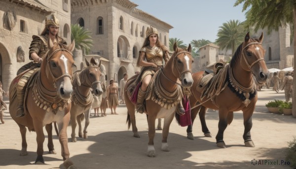 1girl,long hair,multiple girls,sitting,boots,outdoors,multiple boys,sky,day,cape,armor,tree,animal,crossed arms,helmet,plant,shoulder armor,building,6+boys,pauldrons,palm tree,potted plant,riding,horse,horseback riding,saddle,brown hair,black hair,weapon,blue sky,scenery,fantasy,road,castle,crowd,soldier