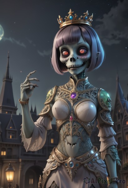 1girl,solo,breasts,looking at viewer,short hair,bangs,skirt,red eyes,dress,navel,jewelry,medium breasts,standing,pink hair,purple hair,cowboy shot,outdoors,detached sleeves,sky,teeth,cloud,hand up,signature,blunt bangs,armor,bracelet,fingernails,makeup,night,glowing,colored skin,moon,bob cut,ring,tiara,crown,building,gem,star (sky),night sky,starry sky,colored sclera,skull,fantasy,sharp fingernails,green skin,grey skin,lamppost,castle,zombie,tower,town,undead,black hair,thighhighs,pointy ears,watermark,shoulder armor,gauntlets,glowing eyes,pelvic curtain,full moon,blue skin,joints,skeleton