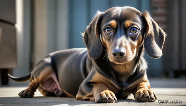 HQ,solo,looking at viewer,brown eyes,closed mouth,full body,indoors,blurry,no humans,blurry background,animal,curtains,dog,realistic,animal focus,standing,signature,depth of field,watermark,web address,claws,puppy