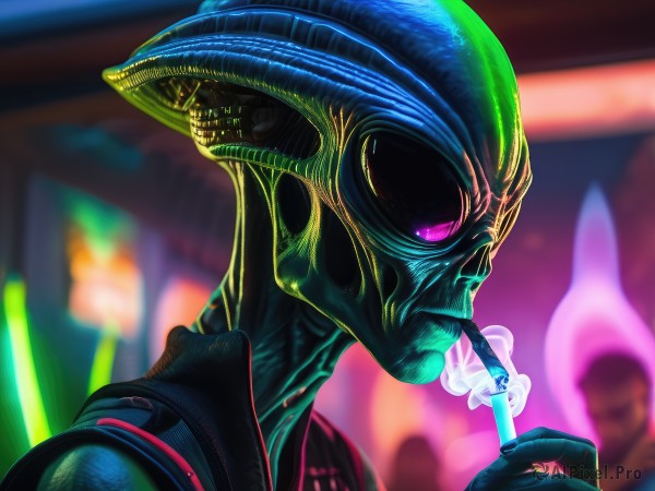 solo,gloves,1boy,holding,purple eyes,male focus,black gloves,pink eyes,blurry,blurry background,colored skin,portrait,smoke,science fiction,cigarette,realistic,smoking,one-eyed,alien,cyberpunk,upper body,multiple boys,solo focus,from side,profile,fire,flame,neon lights