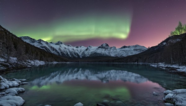 outdoors,sky,water,tree,no humans,night,star (sky),nature,night sky,scenery,snow,forest,starry sky,reflection,rock,mountain,winter,river,lake,aurora,grass,landscape,gradient sky