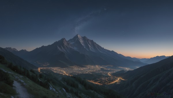 A charming sunset outdoors with a landscape