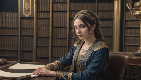 1girl,solo,long hair,looking at viewer,smile,blue eyes,brown hair,black hair,long sleeves,brown eyes,jewelry,sitting,closed mouth,upper body,hairband,earrings,indoors,necklace,blurry,bracelet,lips,book,chair,table,gold trim,paper,open book,realistic,nose,bookshelf,book stack,library,quill,breasts,dress,parted lips,lamp,candle