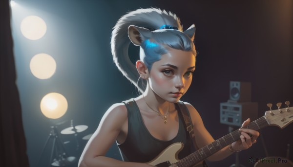 1girl,solo,long hair,breasts,blue eyes,hair ornament,holding,animal ears,cleavage,bare shoulders,brown eyes,jewelry,blue hair,collarbone,upper body,ponytail,grey hair,earrings,small breasts,sleeveless,necklace,bracelet,lips,looking away,tank top,instrument,extra ears,realistic,nose,music,guitar,playing instrument,holding instrument,hair pulled back,electric guitar,drum,bass guitar,stage lights,drum set,concert,looking at viewer,cat ears,ring