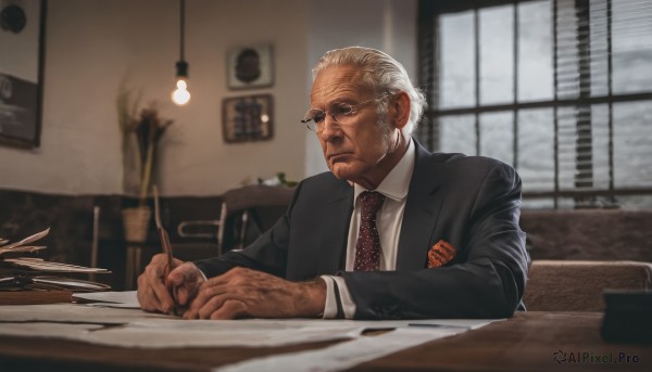 solo,short hair,shirt,long sleeves,1boy,holding,sitting,closed mouth,jacket,white shirt,upper body,white hair,grey hair,male focus,necktie,glasses,collared shirt,indoors,blurry,black jacket,window,blurry background,facial hair,chair,formal,table,suit,red necktie,beard,desk,realistic,round eyewear,lamp,old,old man,black suit,photo background,painting (object),writing,office,wrinkled skin,flower,dress shirt,depth of field,expressionless,wing collar,manly,light bulb,ceiling light,blinds,print necktie