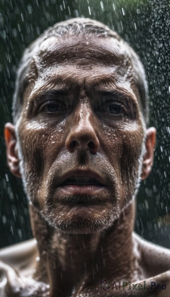 solo,looking at viewer,1boy,closed mouth,collarbone,white hair,male focus,water,black eyes,lips,wet,facial hair,portrait,beard,rain,realistic,mustache,bald,manly,old,old man,teeth,close-up