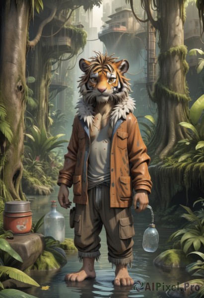 solo,looking at viewer,brown hair,shirt,long sleeves,1boy,holding,animal ears,brown eyes,closed mouth,standing,jacket,full body,yellow eyes,white shirt,male focus,outdoors,open clothes,barefoot,day,pants,artist name,water,open jacket,tree,coat,fur trim,leaf,sunlight,thick eyebrows,bottle,plant,slit pupils,building,messy hair,nature,grey shirt,furry,wading,forest,reflection,fur collar,pocket,brown jacket,light rays,fur-trimmed jacket,bucket,furry male,body fur,brown pants,ruins,white fur,dirty,animal nose,yellow sclera,snout,orange jacket,jar,brown fur,dirty clothes,overgrown,dirty feet,short hair,black hair,tail,flower,white hair,multicolored hair,orange hair,streaked hair,orange eyes,torn clothes,fangs,watermark,grass,scenery,claws,furry female,arms at sides,branch,holding bottle,tiger ears,vines,water bottle,ripples,river,waterfall,whiskers,lake,2022,black fur,moss,pond,tiger boy,log,orange fur,sharp toenails,foliage