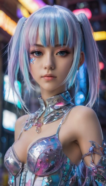 1girl,solo,breasts,looking at viewer,short hair,bangs,blue eyes,cleavage,bare shoulders,twintails,jewelry,medium breasts,closed mouth,blue hair,upper body,multicolored hair,earrings,small breasts,blunt bangs,armpits,blurry,two-tone hair,lips,streaked hair,eyelashes,makeup,detached collar,blurry background,facial mark,science fiction,realistic,nose,cyborg,cyberpunk,heart,shiny,necklace,armor,depth of field,watermark,armlet