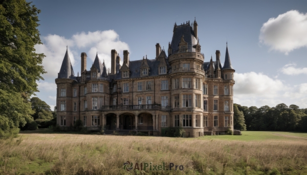 outdoors,sky,day,cloud,tree,blue sky,no humans,cloudy sky,grass,building,nature,scenery,forest,fantasy,field,castle,tower,path,window