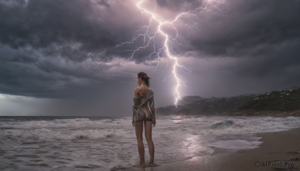 1girl, solo, brown hair, ass, outdoors, sky, shorts, barefoot, cloud, signature, dark skin, from behind, dark-skinned female, ocean, beach, cloudy sky, lightning