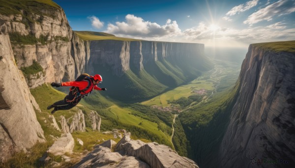 solo,gloves,1boy,male focus,outdoors,sky,day,cloud,from behind,blue sky,bodysuit,sunlight,cloudy sky,nature,scenery,flying,rock,mountain,sun,superhero,landscape,cliff,water,bird,helmet,grass,pointing,science fiction,horizon