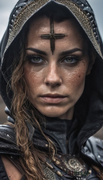 1girl,solo,long hair,looking at viewer,blonde hair,brown hair,black hair,brown eyes,jewelry,closed mouth,braid,hood,necklace,armor,mole,dark-skinned female,lips,cross,portrait,close-up,hood up,freckles,realistic,nose,chainmail,eyelashes