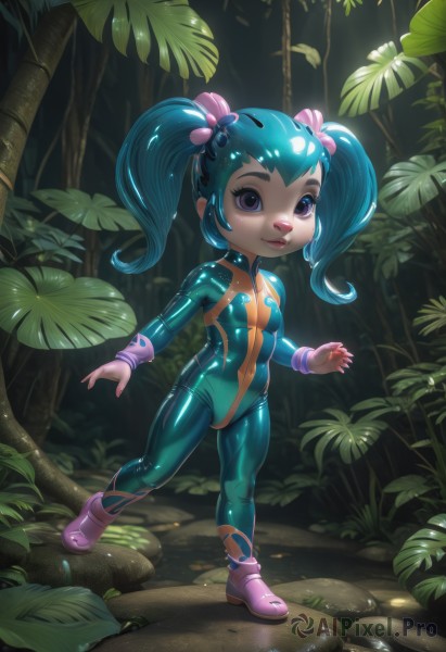 1girl,solo,long hair,breasts,looking at viewer,smile,hair ornament,twintails,blue hair,standing,purple eyes,full body,small breasts,boots,outdoors,parted lips,shiny,shiny hair,tree,lips,shiny skin,aqua hair,bodysuit,leaf,sunlight,thick eyebrows,grass,plant,child,nature,skin tight,forest,shiny clothes,female child,latex,blue bodysuit,multicolored bodysuit,green bodysuit,pink footwear,latex bodysuit