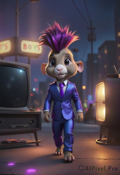 solo,looking at viewer,shirt,long sleeves,1boy,animal ears,brown eyes,closed mouth,standing,jacket,full body,white shirt,purple hair,male focus,multicolored hair,outdoors,necktie,barefoot,collared shirt,pants,artist name,blurry,night,blurry background,formal,suit,blue jacket,building,night sky,furry,city,blue pants,lamp,furry male,television,lamppost,mouse,pink necktie,whiskers,purple necktie,brown fur,sky,rabbit ears,black eyes,watermark,rabbit,monitor,skyscraper,neon lights