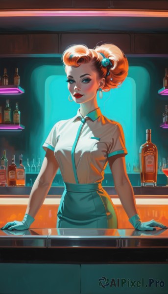 1girl,solo,breasts,looking at viewer,smile,short hair,blue eyes,skirt,shirt,hair ornament,gloves,jewelry,white shirt,short sleeves,earrings,small breasts,collared shirt,indoors,hair bun,orange hair,apron,lips,makeup,single hair bun,bottle,lipstick,eyeshadow,freckles,hoop earrings,blue gloves,red lips,eyeliner,wine bottle,bar (place),updo,counter,blush,medium breasts,standing,cowboy shot,parted lips,necktie,white gloves,cup,alcohol,drinking glass,high-waist skirt,nose,mascara