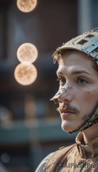 1girl,solo,short hair,brown hair,1boy,closed mouth,male focus,armor,blurry,black eyes,lips,depth of field,blurry background,facial hair,moon,helmet,looking up,portrait,freckles,realistic,nose,mustache,chainmail,blue eyes,parted lips,blood,night,beard,full moon,headset,blood on face,looking afar