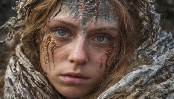 1girl,solo,long hair,looking at viewer,blue eyes,blonde hair,closed mouth,blurry,lips,grey eyes,eyelashes,blurry background,chain,portrait,snow,close-up,freckles,realistic,nose,water