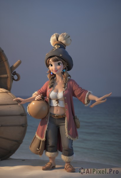 1girl,solo,long hair,breasts,looking at viewer,smile,brown hair,shirt,hat,navel,cleavage,brown eyes,jewelry,medium breasts,full body,braid,earrings,outdoors,open clothes,midriff,belt,pants,water,twin braids,lips,coat,crop top,ocean,beach,brown footwear,sandals,feathers,hair over shoulder,watercraft,hat feather,ship,pirate hat,pirate,barrel,tricorne,boots,lipstick,treasure chest