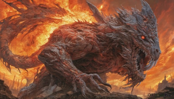 A vivid fiery outdoors showcasing a monster