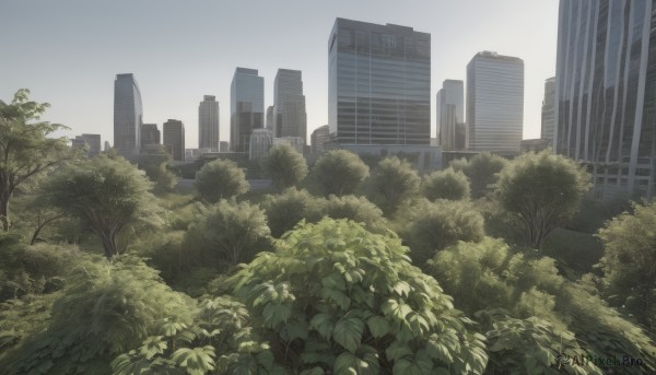 outdoors,sky,day,cloud,tree,no humans,plant,building,scenery,city,cityscape,skyscraper,grey sky,blue sky,sunlight,bush