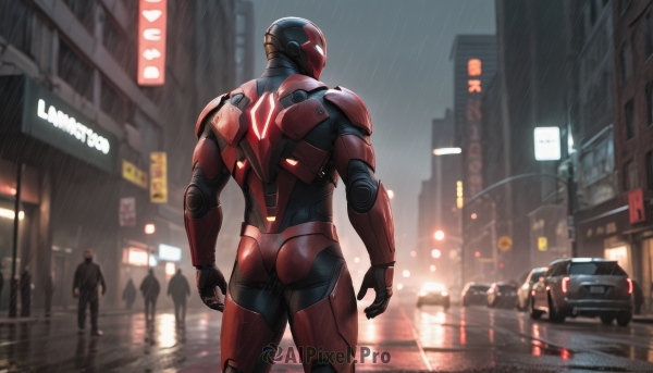 1boy,standing,ass,male focus,outdoors,multiple boys,sky,solo focus,from behind,armor,blurry,bodysuit,muscular,night,blurry background,helmet,muscular male,ground vehicle,building,motor vehicle,walking,science fiction,rain,city,sign,car,road,police,street,power armor,power suit,gloves,wet,depth of field,back,lamppost,superhero,red bodysuit,traffic light,neon lights