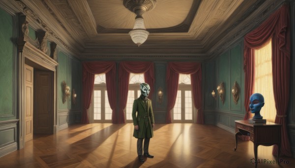 long sleeves,1boy,standing,male focus,multiple boys,pants,indoors,2boys,coat,window,mask,colored skin,chair,formal,table,sunlight,curtains,scenery,blue skin,statue,solo,necktie,shoes,shadow,helmet,suit,lamp