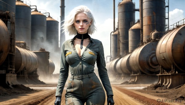 HQ,1girl,solo,breasts,looking at viewer,short hair,blue eyes,blonde hair,large breasts,gloves,cleavage,medium breasts,collarbone,white hair,cowboy shot,outdoors,sky,choker,day,black gloves,belt,cloud,uniform,blue sky,lips,torn clothes,military,bodysuit,military uniform,makeup,facial mark,wind,between breasts,realistic,aircraft,nose,arms at sides,military vehicle,facepaint,tank,facial tattoo,dirty,desert,dirty face,dust,dirty clothes,jewelry,standing,pants,collar,smoke