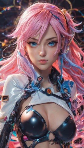 1girl,solo,long hair,breasts,looking at viewer,bangs,blue eyes,large breasts,hair ornament,cleavage,jewelry,medium breasts,closed mouth,blue hair,upper body,pink hair,multicolored hair,earrings,shiny,blurry,two-tone hair,lips,eyelashes,blurry background,one side up,o-ring,freckles,realistic,nose,shrug (clothing),strap,expressionless