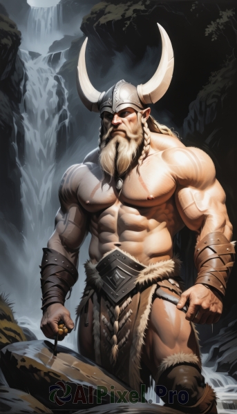 solo,long hair,looking at viewer,1boy,navel,holding,nipples,standing,weapon,braid,white hair,male focus,thighs,horns,pointy ears,water,stomach,muscular,feet out of frame,glowing,facial hair,scar,thick thighs,abs,helmet,pectorals,muscular male,bara,glowing eyes,pelvic curtain,beard,scar on face,large pectorals,veins,topless male,mature male,mustache,scar across eye,fake horns,manly,bare pectorals,old,hammer,old man,loincloth,biceps,navel hair,waterfall,scar on chest,horned headwear,scar on arm,cliff,cave,holding hammer,horned helmet,draph,wrinkled skin