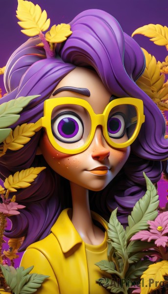 1girl,solo,long hair,looking at viewer,shirt,hair ornament,purple eyes,upper body,purple hair,flower,lips,eyelashes,makeup,mask,leaf,plant,lipstick,personification,freckles,purple background,curly hair,glasses,artist name,watermark,portrait,web address,yellow shirt