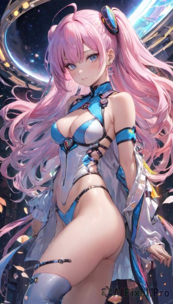 1girl,solo,long hair,breasts,looking at viewer,blush,bangs,blue eyes,large breasts,hair ornament,thighhighs,long sleeves,navel,cleavage,bare shoulders,twintails,jewelry,medium breasts,closed mouth,underwear,standing,panties,jacket,pink hair,ass,ahoge,sidelocks,thighs,cowboy shot,earrings,open clothes,sleeveless,off shoulder,stomach,white thighhighs,leotard,open jacket,two side up,petals,clothing cutout,covered navel,highleg,expressionless,cleavage cutout,white jacket,single thighhigh,revealing clothes,highleg leotard,white leotard,blue thighhighs,blue leotard,arm strap,armpit crease,skindentation,armband