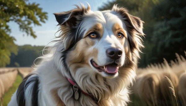 HQ,solo,open mouth,brown eyes,outdoors,sky,day,tongue,signature,tongue out,blurry,collar,tree,no humans,blurry background,animal,fangs,looking up,dog,realistic,animal focus,blue sky,depth of field