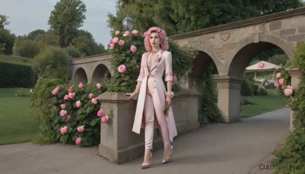 1girl,solo,long hair,breasts,looking at viewer,smile,holding,cleavage,jewelry,standing,full body,pink hair,flower,earrings,outdoors,sky,shoes,day,pants,pink eyes,necklace,high heels,bracelet,tree,makeup,rose,formal,suit,plant,lipstick,scenery,pink flower,white pants,bush,wide shot,pink rose,lamppost,garden,pink-tinted eyewear,male focus,coat,grass